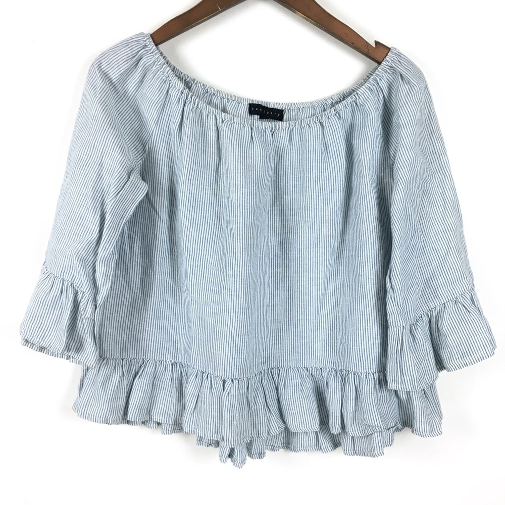 Sanctuary Womens Top Small Blue Linen Striped Ruffle Hem 3/4 Sleeve